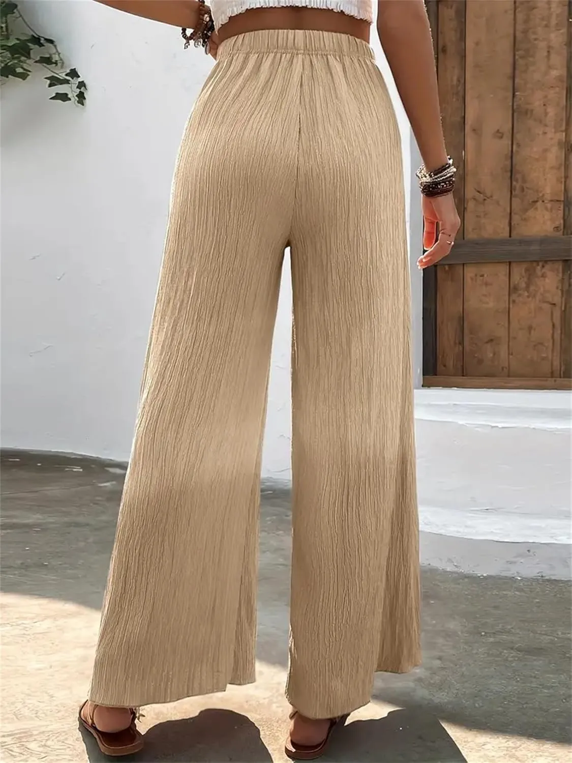Women's High Waist Solid Color Bootcut Pants Summer Casual Pleated Fashion Elastic Waist Wide Leg Trousers