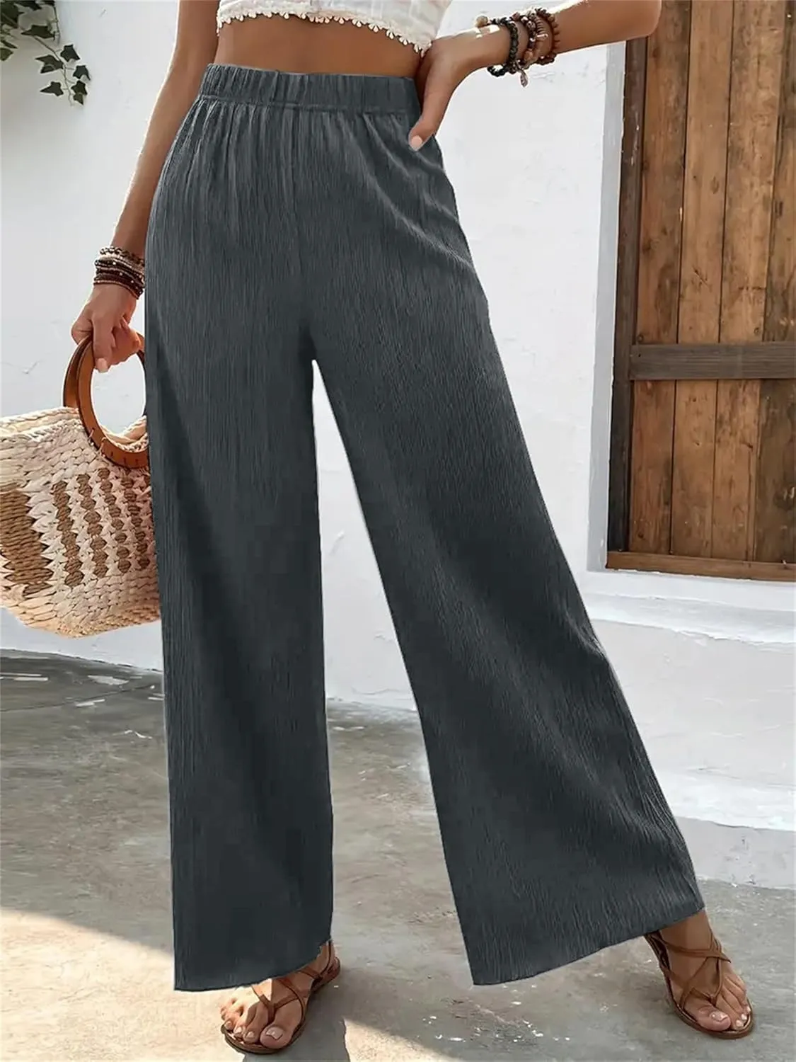 Women's High Waist Solid Color Bootcut Pants Summer Casual Pleated Fashion Elastic Waist Wide Leg Trousers