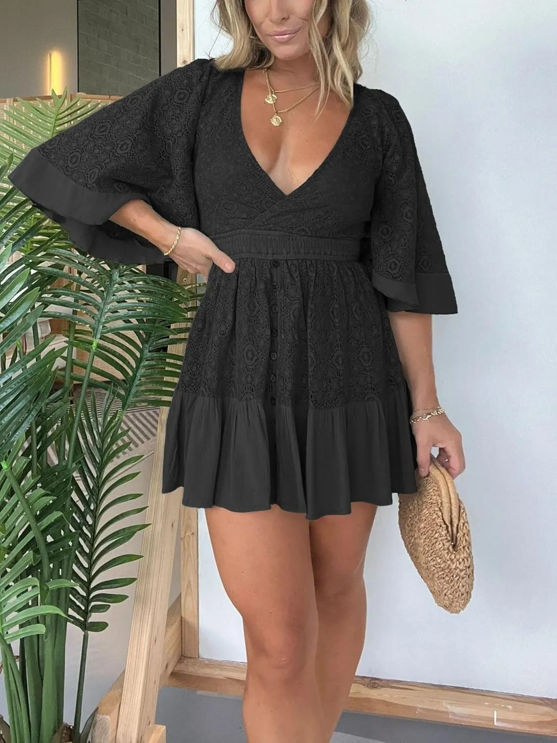 Women's Lace Crochet Romper Dress Floral Embroidery Flared Sleev Boho Sundress Flowy Summer Mini Dress