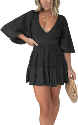 Women's Lace Crochet Romper Dress Floral Embroidery Flared Sleev Boho Sundress Flowy Summer Mini Dress