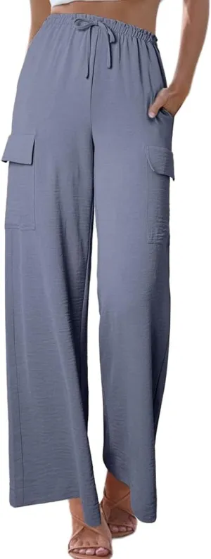 Womens Linen Pants Casual High Waist Wide Leg Drawstring Frilled Trousers with Pocket