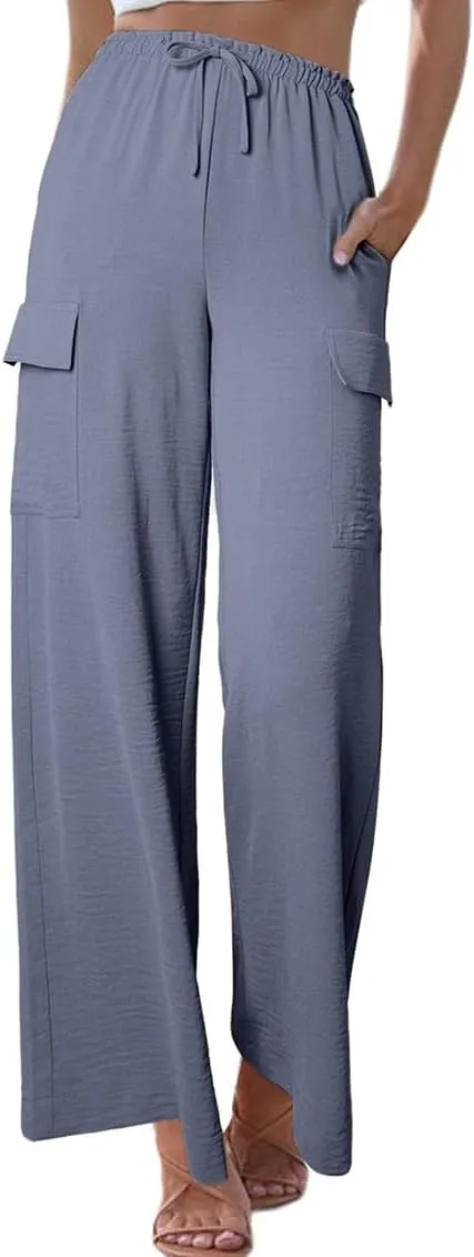 Womens Linen Pants Casual High Waist Wide Leg Drawstring Frilled Trousers with Pocket