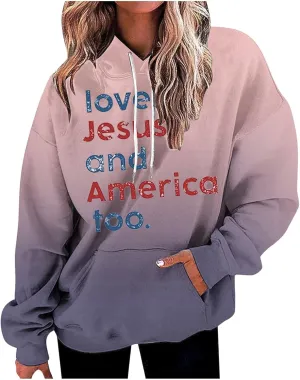 Womens Oversized Hoodies Gradient Letter Print Long Sleeve Drawstring Pullover Sweatshirt with Pockets Fall Clothes