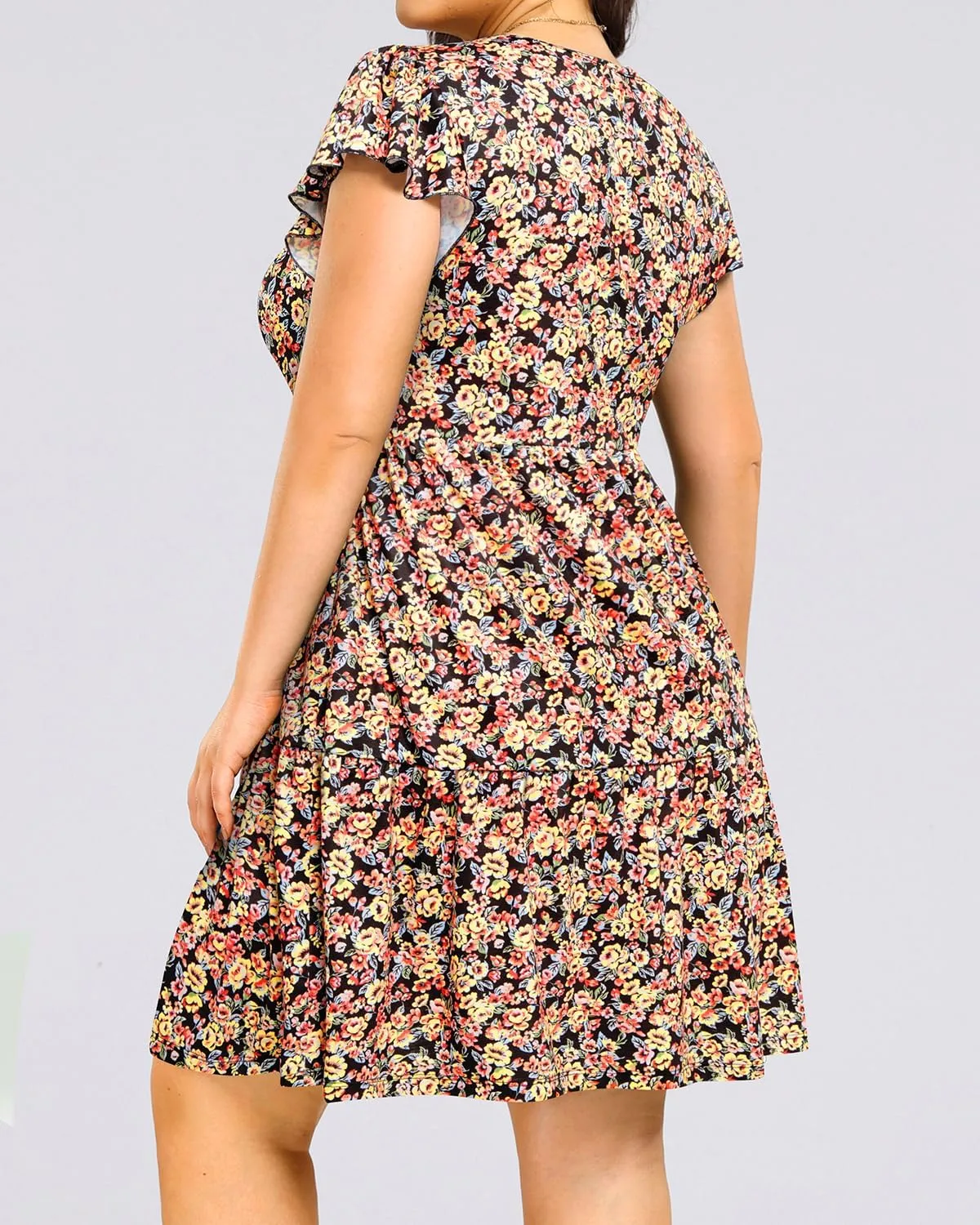 Women's Plus Size Casual Summer Tiered Flutter Sleeve Swing Short Babydoll Dress with Pockets