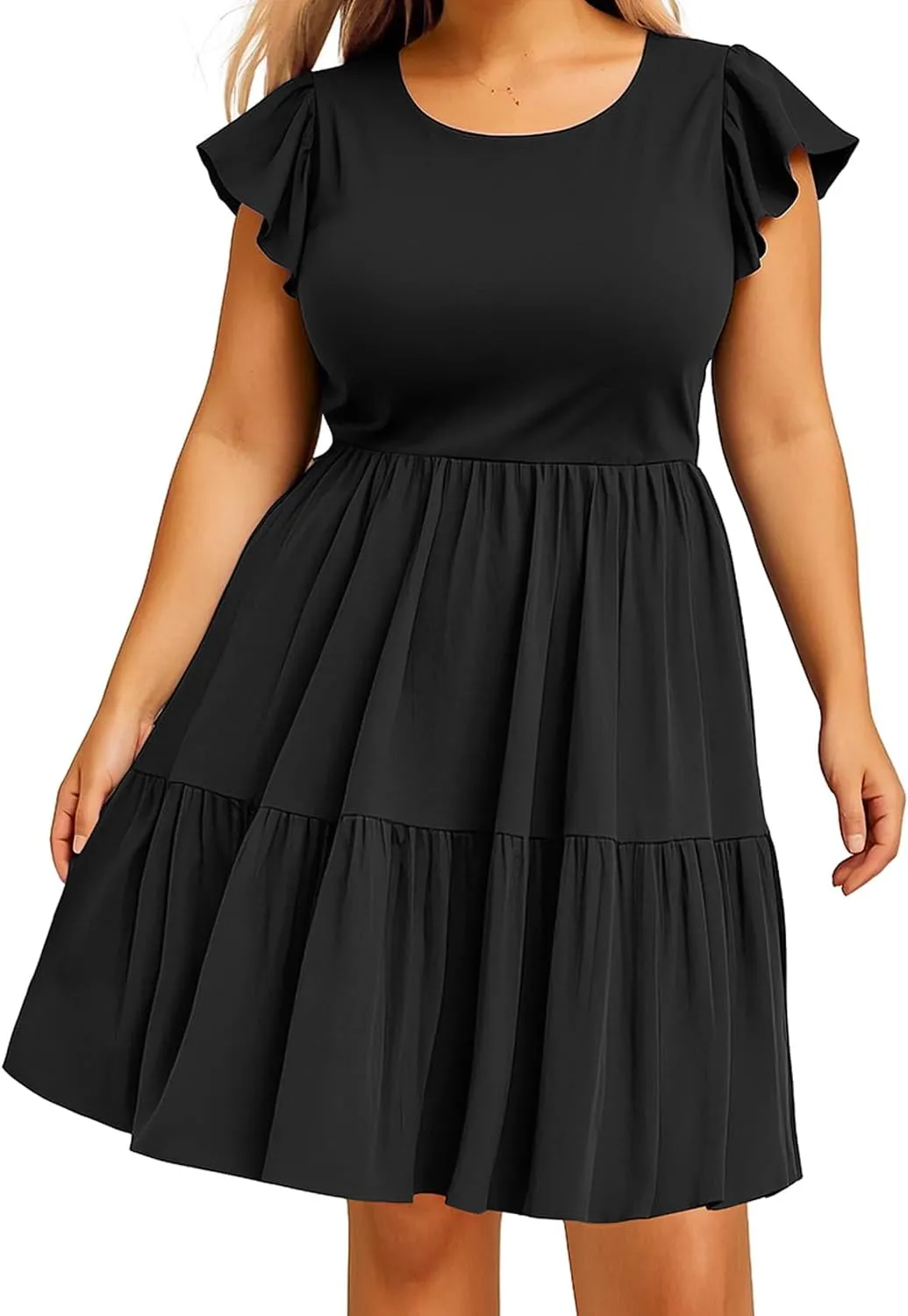 Women's Plus Size Casual Summer Tiered Flutter Sleeve Swing Short Babydoll Dress with Pockets
