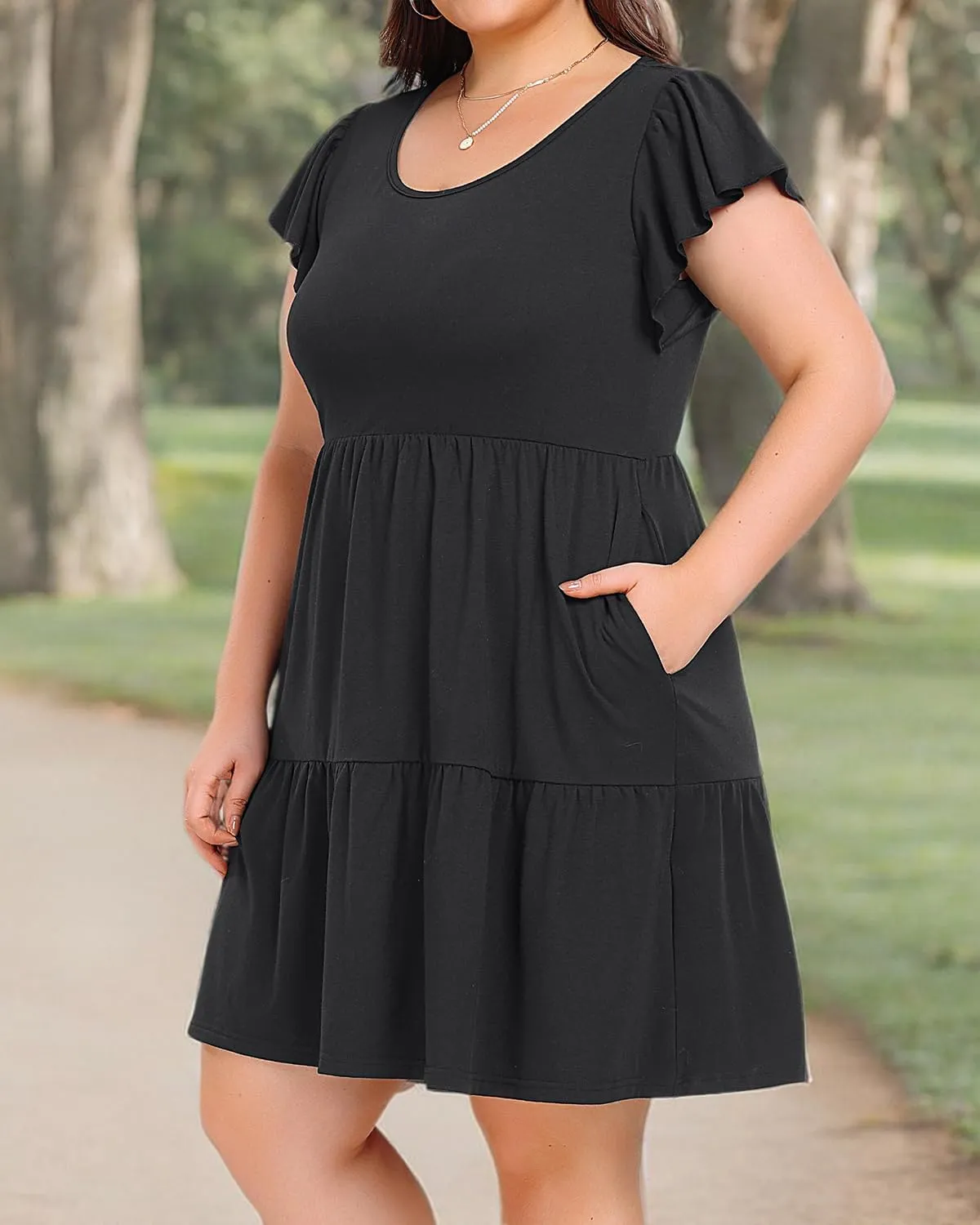 Women's Plus Size Casual Summer Tiered Flutter Sleeve Swing Short Babydoll Dress with Pockets
