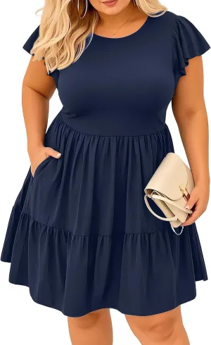 Women's Plus Size Casual Summer Tiered Flutter Sleeve Swing Short Babydoll Dress with Pockets