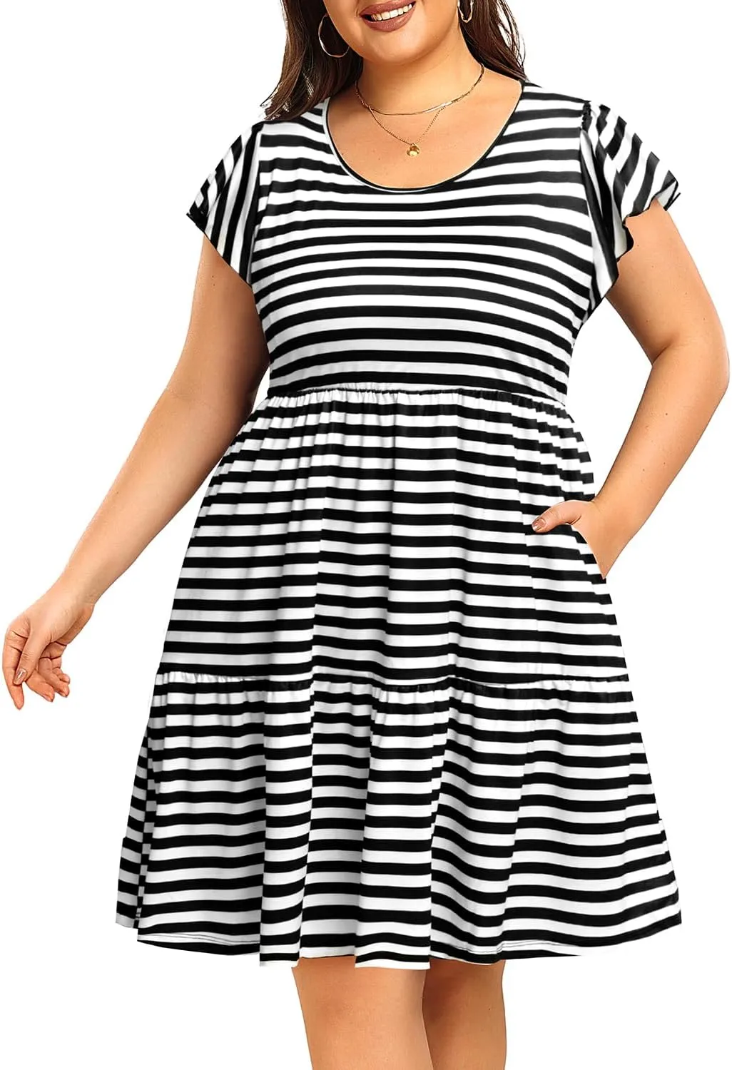 Women's Plus Size Casual Summer Tiered Flutter Sleeve Swing Short Babydoll Dress with Pockets