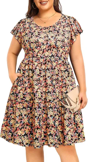 Women's Plus Size Casual Summer Tiered Flutter Sleeve Swing Short Babydoll Dress with Pockets