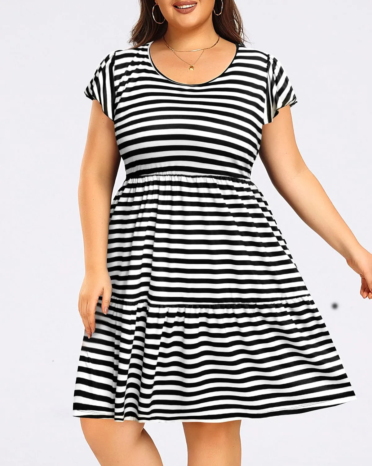 Women's Plus Size Casual Summer Tiered Flutter Sleeve Swing Short Babydoll Dress with Pockets
