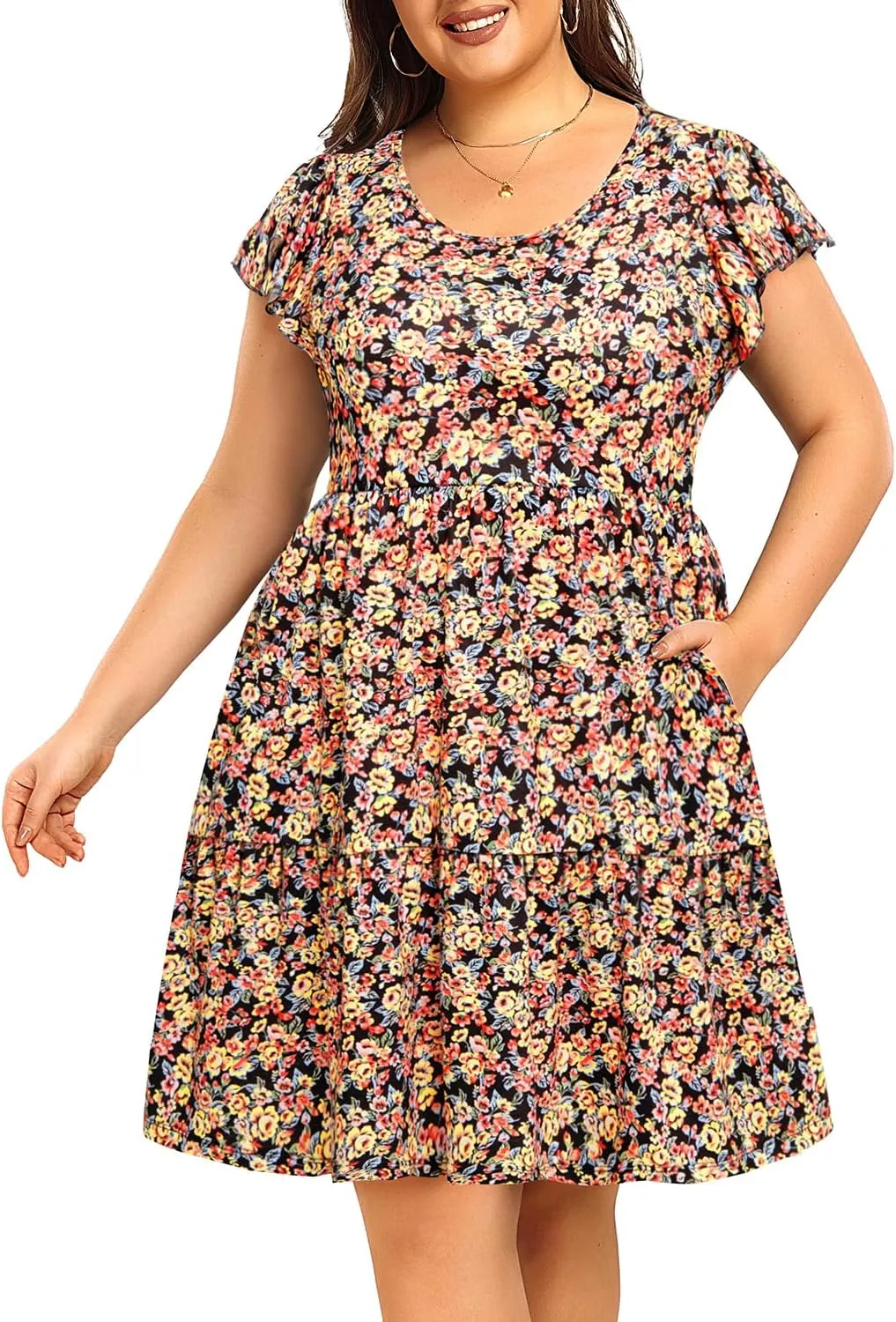 Women's Plus Size Casual Summer Tiered Flutter Sleeve Swing Short Babydoll Dress with Pockets