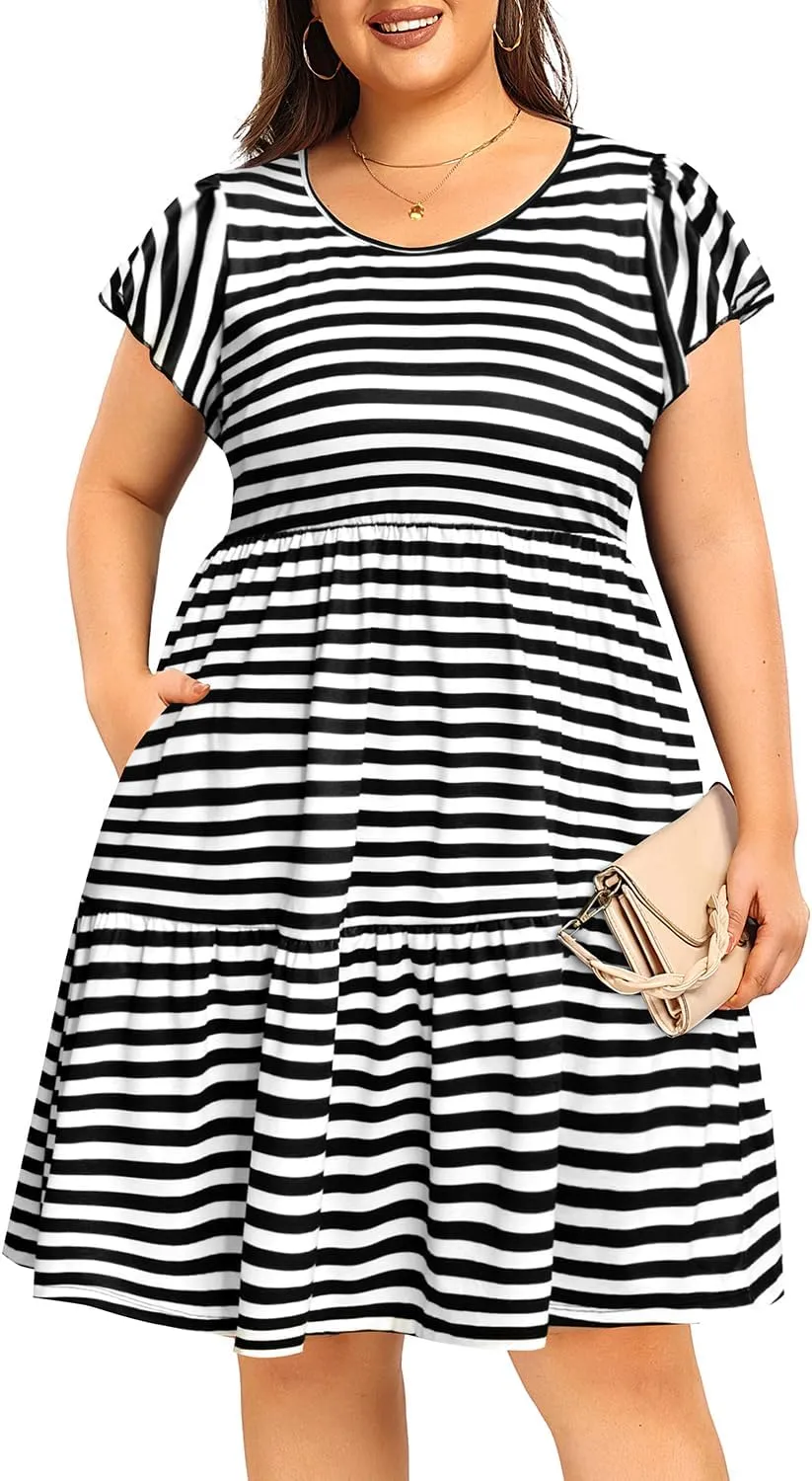 Women's Plus Size Casual Summer Tiered Flutter Sleeve Swing Short Babydoll Dress with Pockets