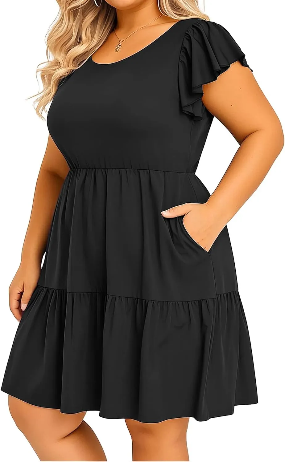 Women's Plus Size Casual Summer Tiered Flutter Sleeve Swing Short Babydoll Dress with Pockets