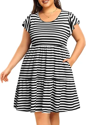 Women's Plus Size Casual Summer Tiered Flutter Sleeve Swing Short Babydoll Dress with Pockets