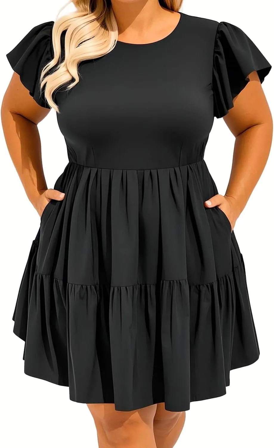 Women's Plus Size Casual Summer Tiered Flutter Sleeve Swing Short Babydoll Dress with Pockets