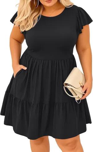 Women's Plus Size Casual Summer Tiered Flutter Sleeve Swing Short Babydoll Dress with Pockets