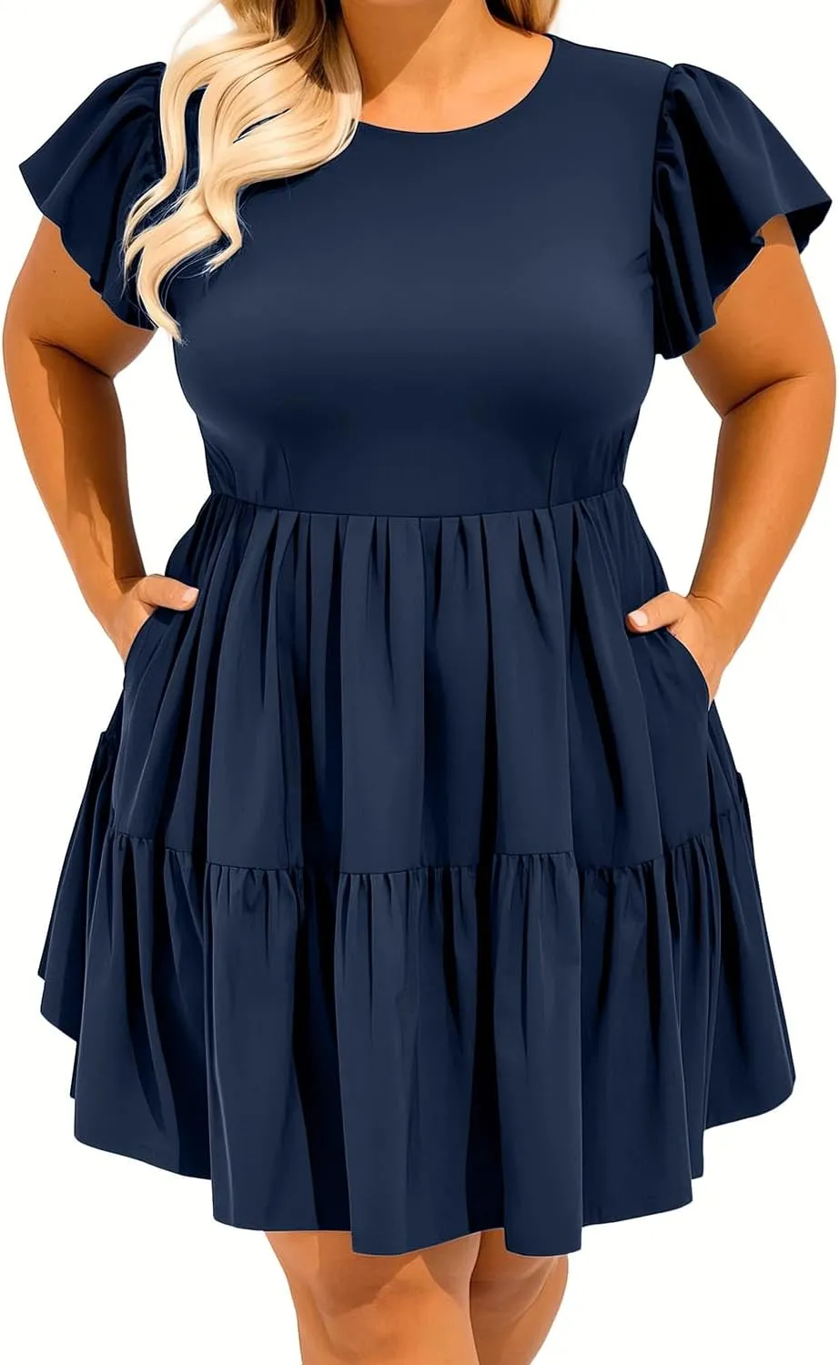 Women's Plus Size Casual Summer Tiered Flutter Sleeve Swing Short Babydoll Dress with Pockets