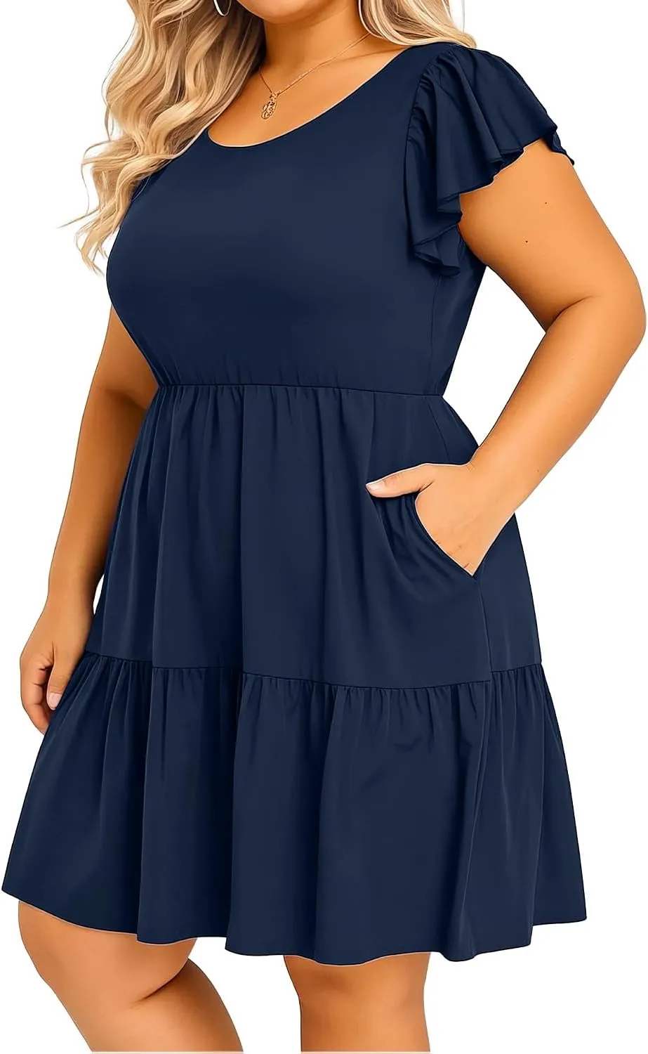 Women's Plus Size Casual Summer Tiered Flutter Sleeve Swing Short Babydoll Dress with Pockets