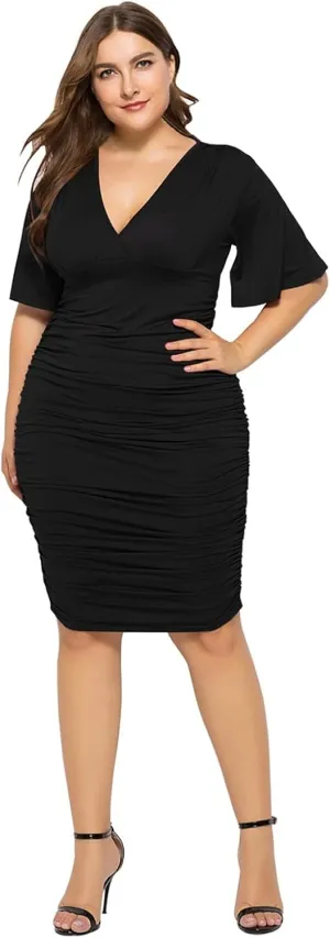 Womens Plus Size Ruched Wrap Dress Pleated Bodycon Midi Casual Party Work Dress