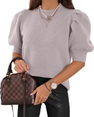 Women's Puff Short Sleeve Sweater Tops 2025 Spring Summer Trendy Crew Neck Casual T Shirts Blouses