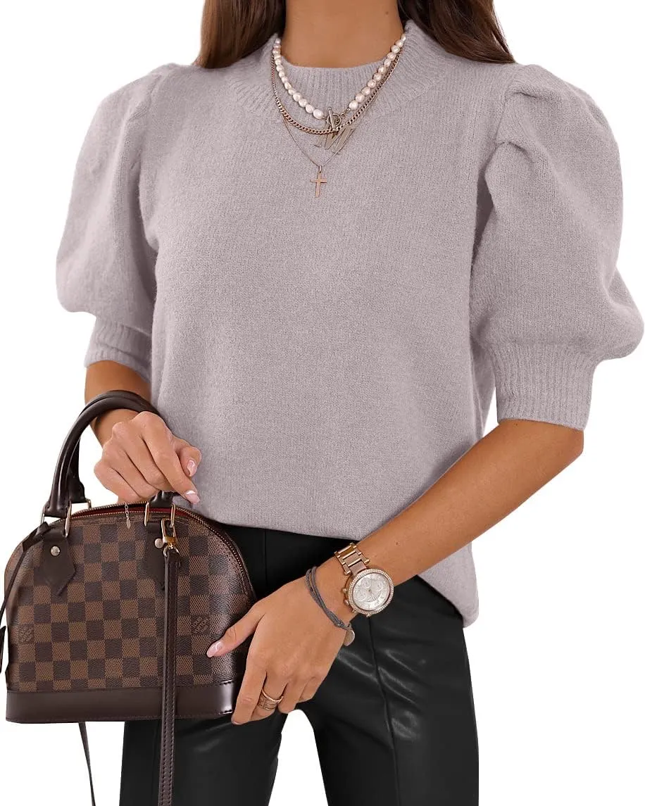 Women's Puff Short Sleeve Sweater Tops 2025 Spring Summer Trendy Crew Neck Casual T Shirts Blouses