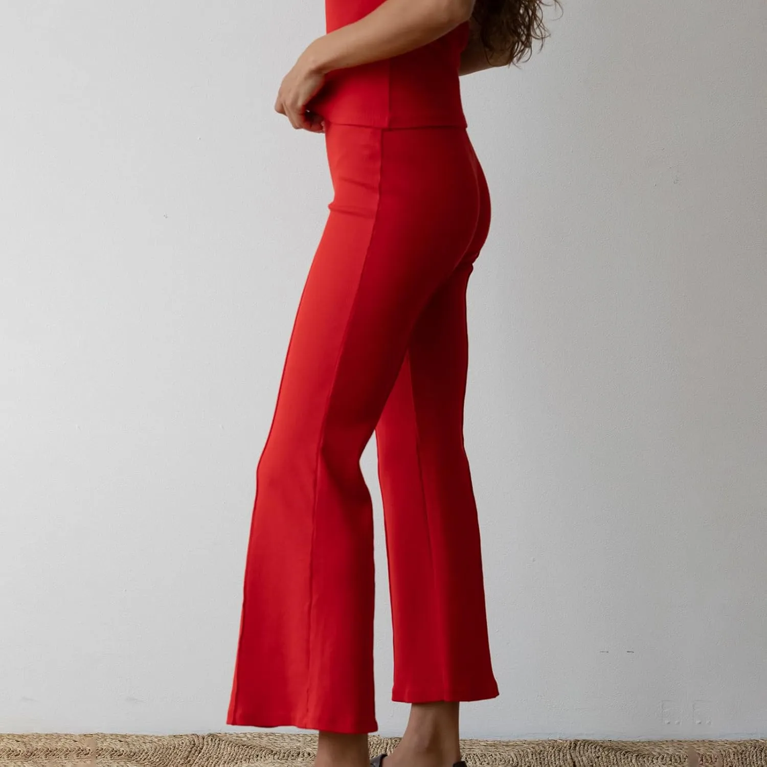 Women's Rib Flare Pants Elastic High Waist Seamed Creases Bell Bottom Trousers Workout Sweatpants