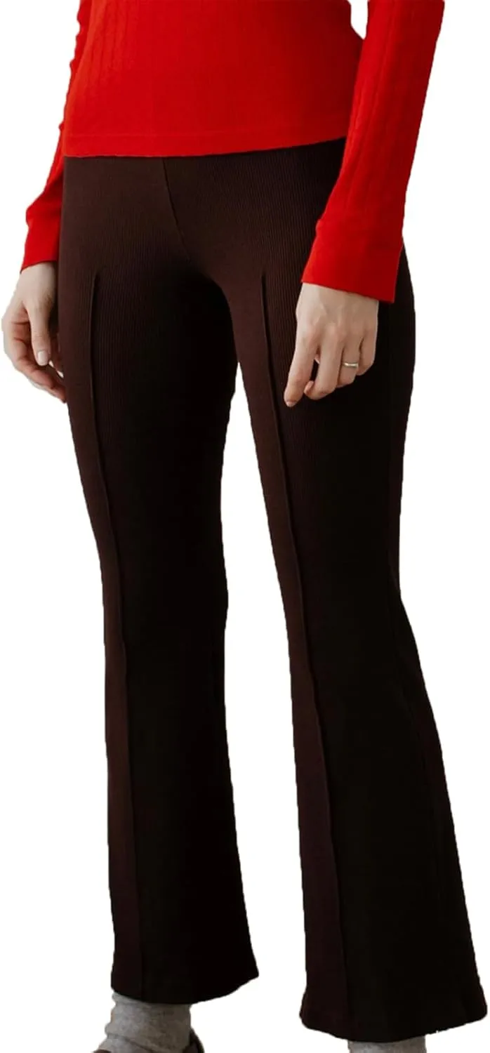 Women's Rib Flare Pants Elastic High Waist Seamed Creases Bell Bottom Trousers Workout Sweatpants