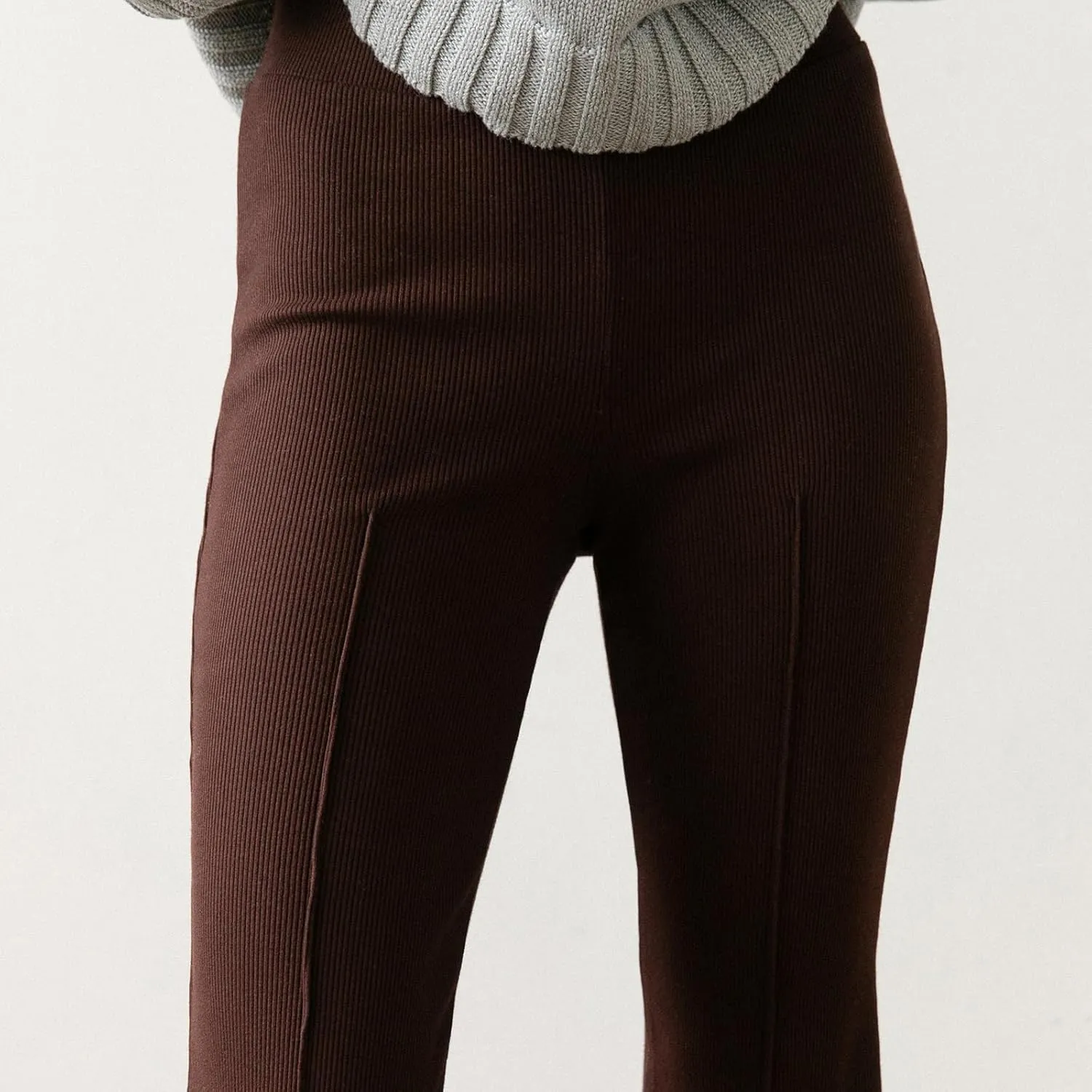 Women's Rib Flare Pants Elastic High Waist Seamed Creases Bell Bottom Trousers Workout Sweatpants