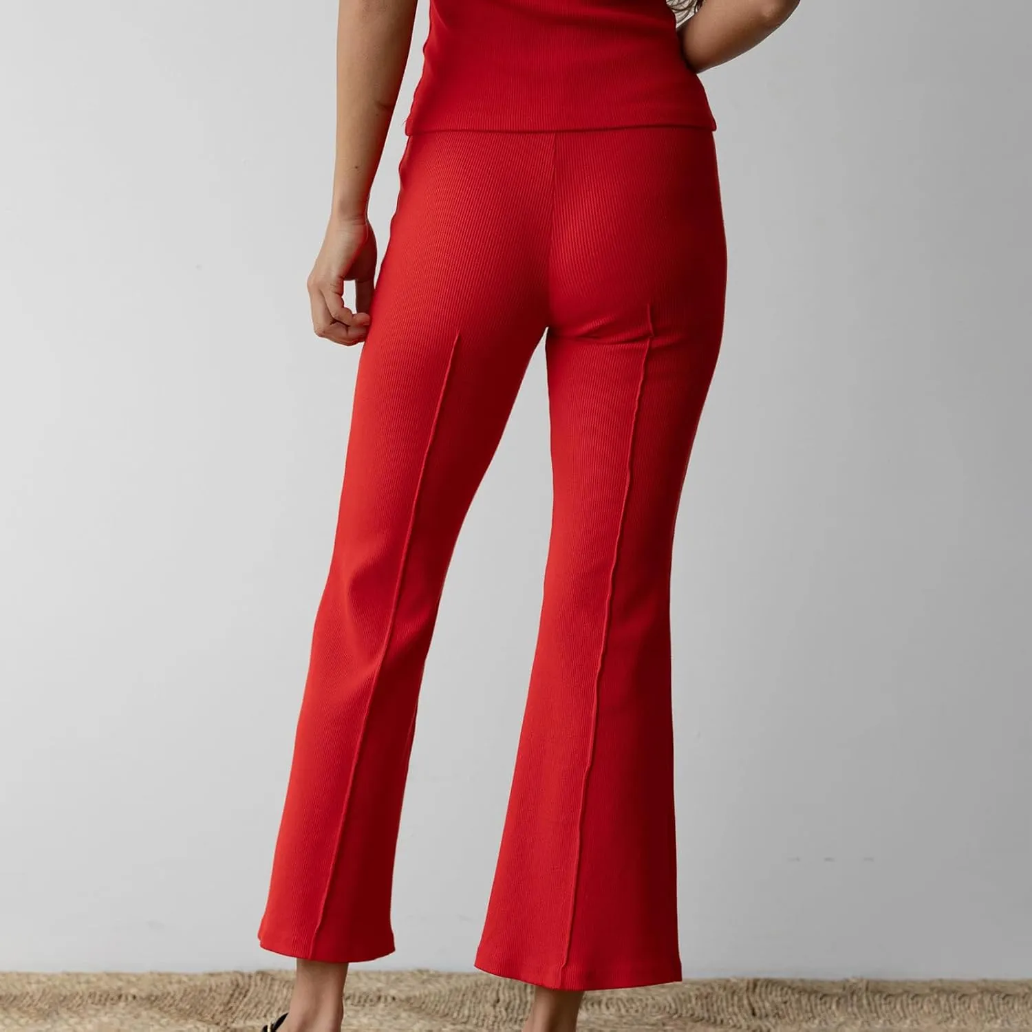 Women's Rib Flare Pants Elastic High Waist Seamed Creases Bell Bottom Trousers Workout Sweatpants