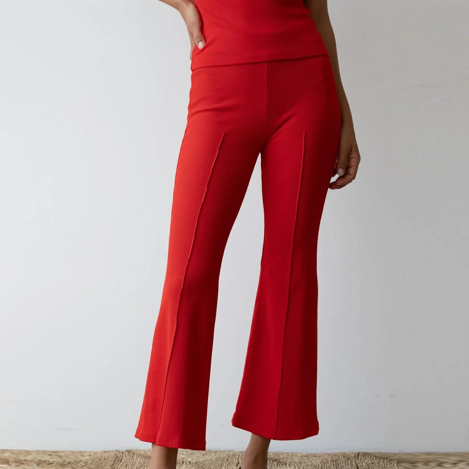 Women's Rib Flare Pants Elastic High Waist Seamed Creases Bell Bottom Trousers Workout Sweatpants