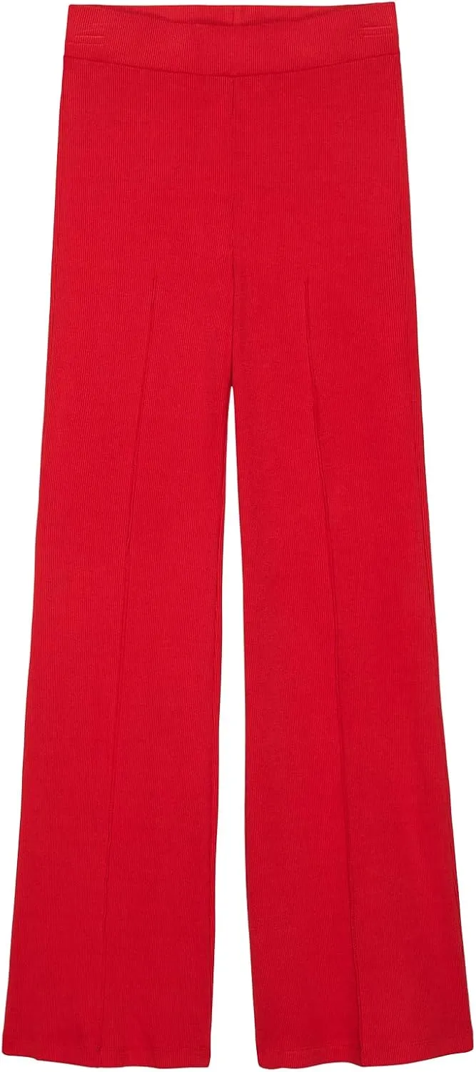 Women's Rib Flare Pants Elastic High Waist Seamed Creases Bell Bottom Trousers Workout Sweatpants