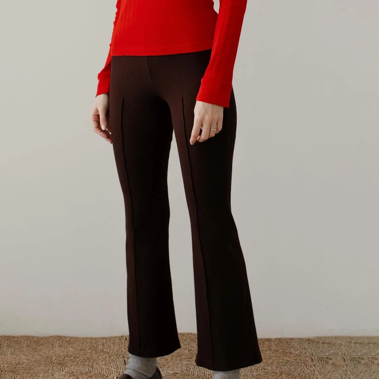 Women's Rib Flare Pants Elastic High Waist Seamed Creases Bell Bottom Trousers Workout Sweatpants