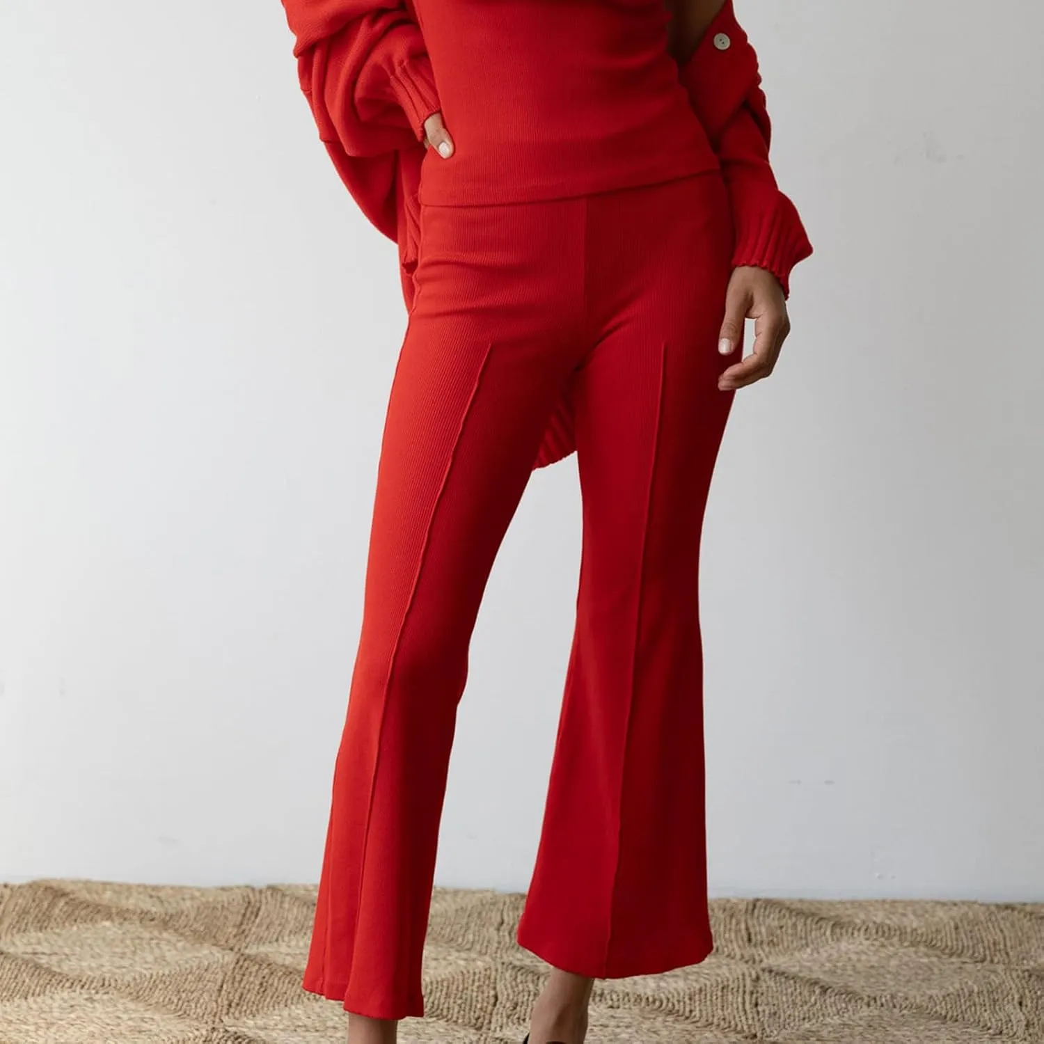 Women's Rib Flare Pants Elastic High Waist Seamed Creases Bell Bottom Trousers Workout Sweatpants