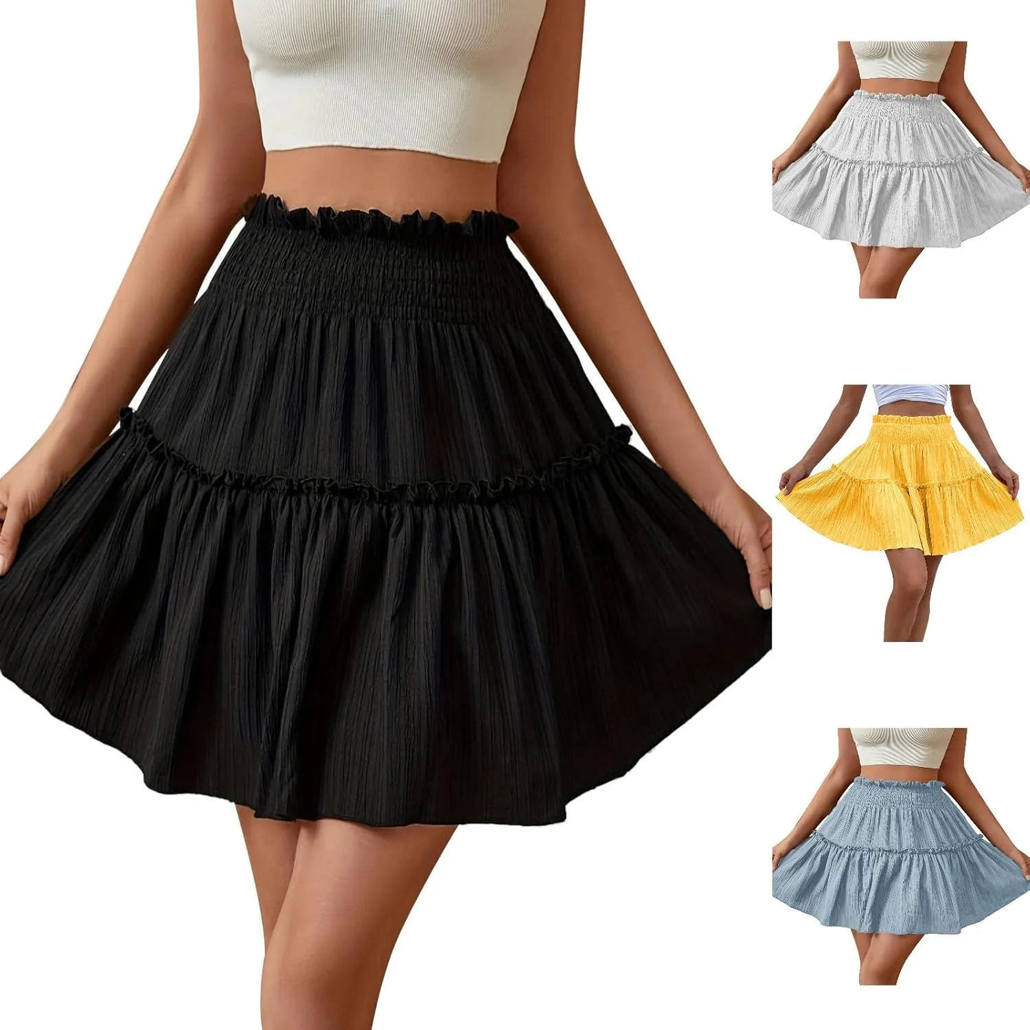 Womens Ruffle Mini Skirt Casual Summer High Waisted Flowy Vacation Boho Beach Trendy Loose Relaxed Fit Short Skirts