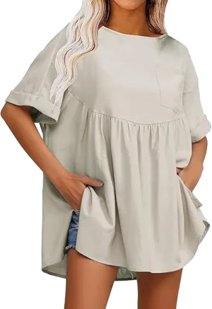 Women's Shirts Casual Mini Ruffle Dress Oversized Short Sleeve Crew Neck Peplum T Shirts Summer Loose Fit Dress with Pockets Beige