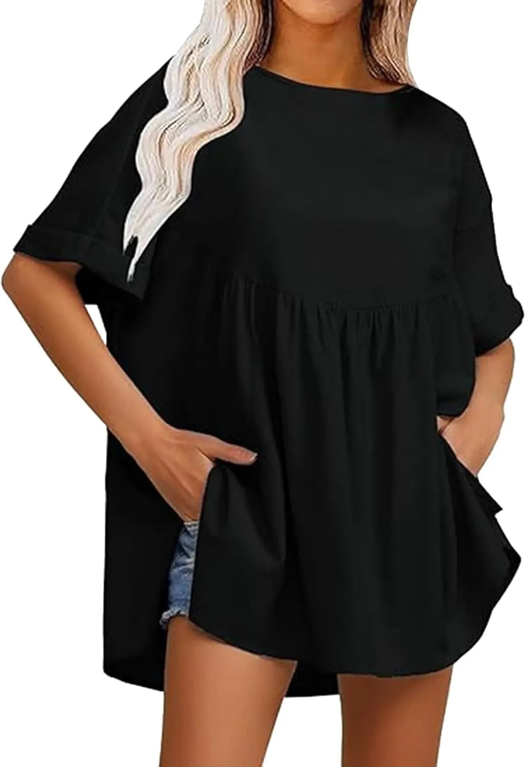 Women's Shirts Casual Mini Ruffle Dress Oversized Short Sleeve Crew Neck Peplum T Shirts Summer Loose Fit Dress with Pockets Black