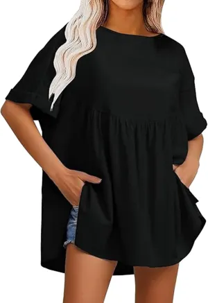 Women's Shirts Casual Mini Ruffle Dress Oversized Short Sleeve Crew Neck Peplum T Shirts Summer Loose Fit Dress with Pockets Black