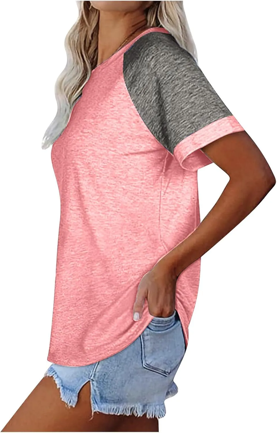 Women's Short Raglan Sleeve T-Shirts Trendy Casual Color Block Crewneck Tops Daily Outdoor Loose Fit Spring Shirts