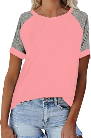 Women's Short Raglan Sleeve T-Shirts Trendy Casual Color Block Crewneck Tops Daily Outdoor Loose Fit Spring Shirts