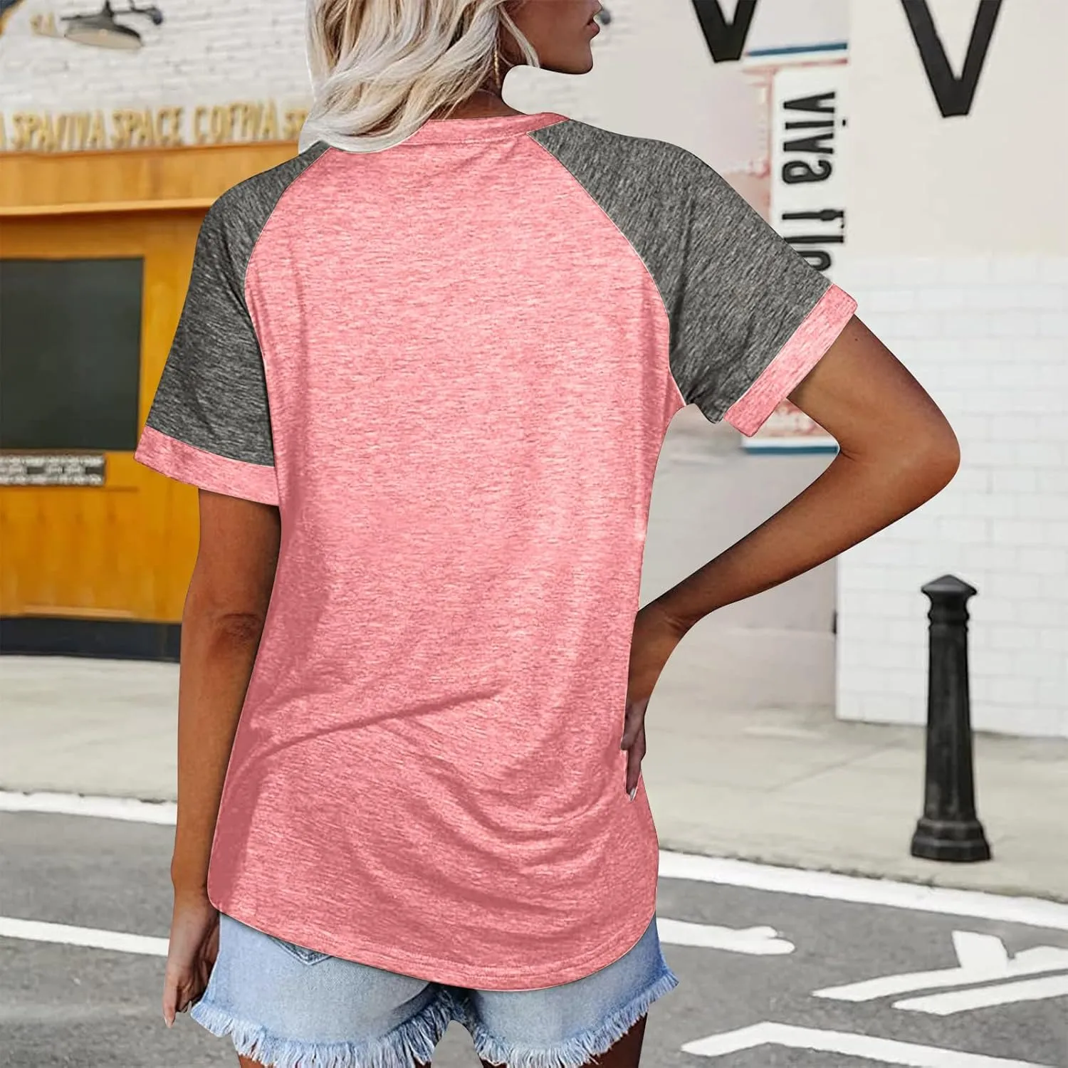 Women's Short Raglan Sleeve T-Shirts Trendy Casual Color Block Crewneck Tops Daily Outdoor Loose Fit Spring Shirts