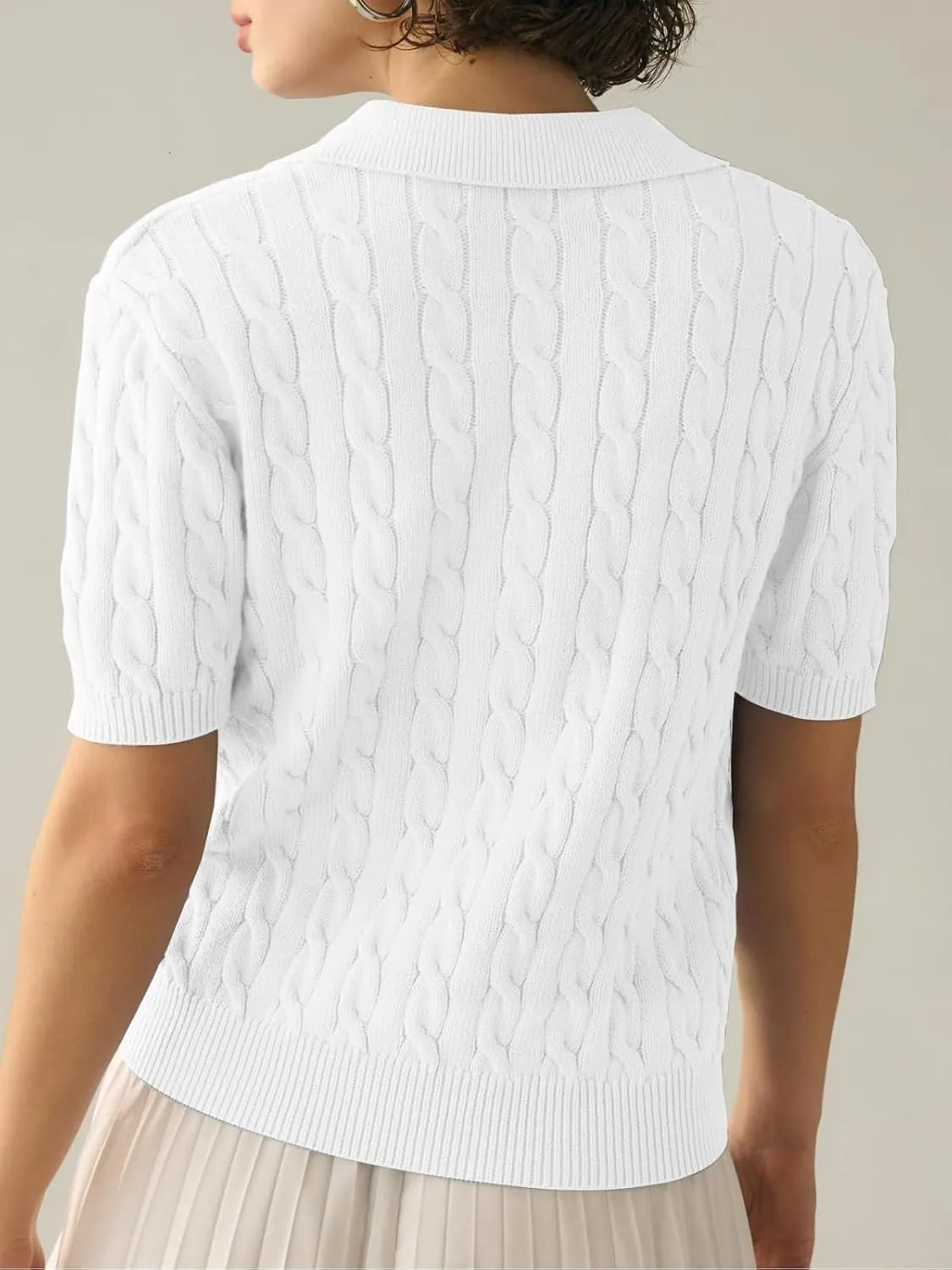 Women's Short Sleeve Pullover Sweaters Casual 2025 Summer Tops Cable Knit Solid Lapel V Neck Sweater