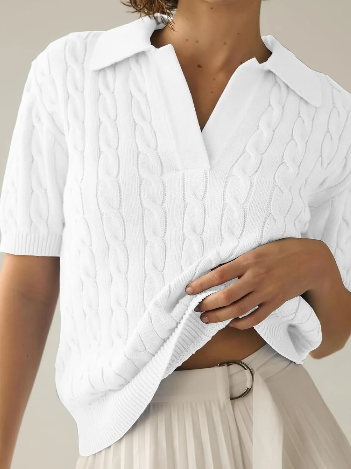 Women's Short Sleeve Pullover Sweaters Casual 2025 Summer Tops Cable Knit Solid Lapel V Neck Sweater
