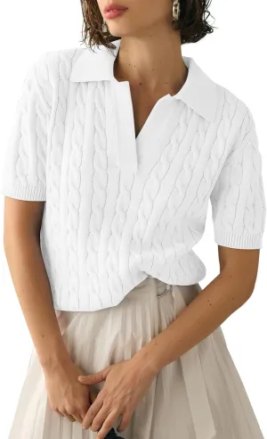 Women's Short Sleeve Pullover Sweaters Casual 2025 Summer Tops Cable Knit Solid Lapel V Neck Sweater