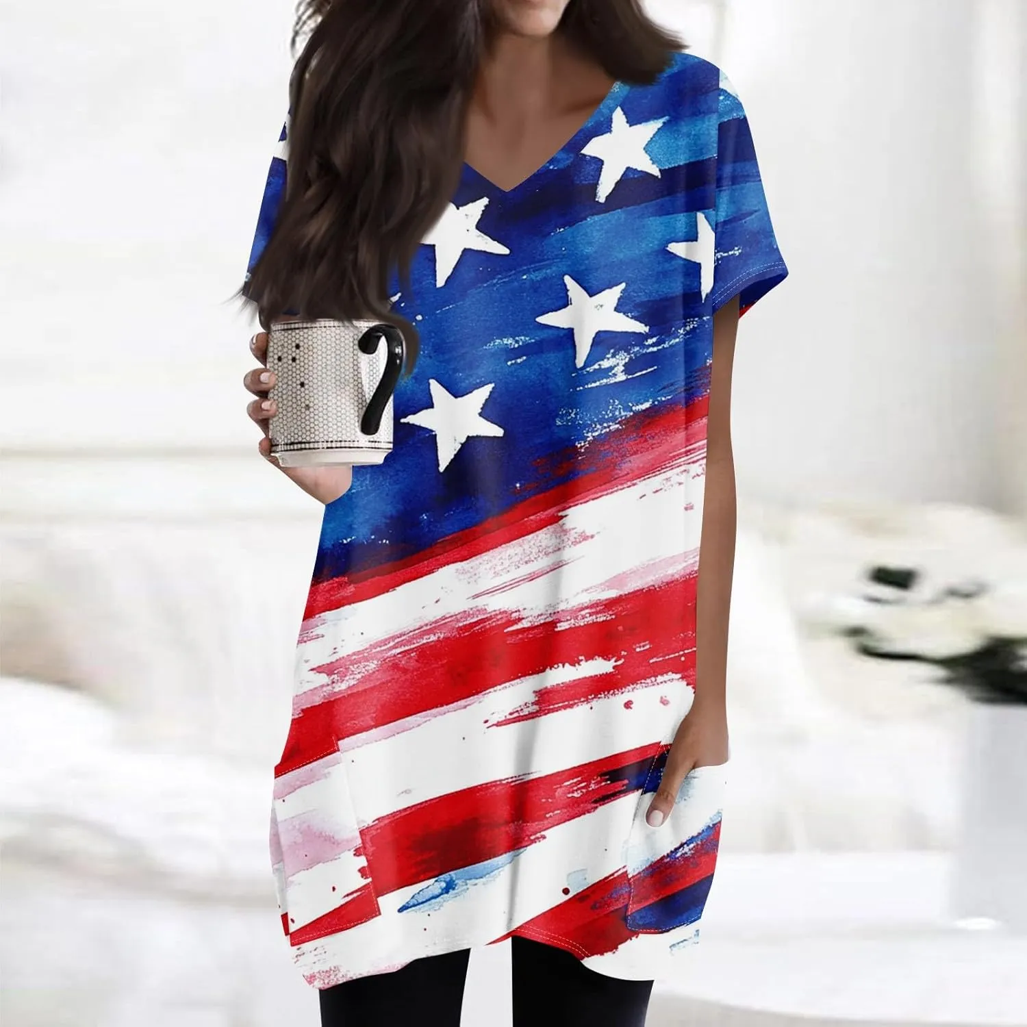 Womens Summer 2025 Casual Short Sleeve V Neck Shirts Loose Fit Oversized Tshirts Tunic Tops With Pockets