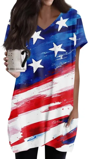 Womens Summer 2025 Casual Short Sleeve V Neck Shirts Loose Fit Oversized Tshirts Tunic Tops With Pockets