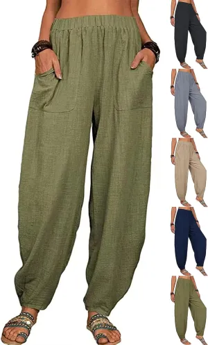Women's Summer Casual Linen Pants Elastic High Waist Relaxed Fit Straight Leg Crop Pants Beach Trousers with Pockets