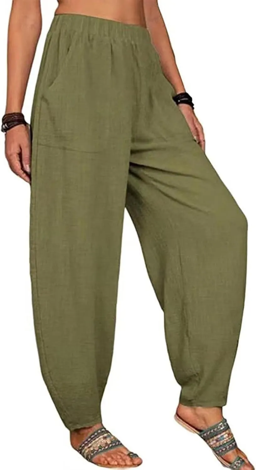 Women's Summer Casual Linen Pants Elastic High Waist Relaxed Fit Straight Leg Crop Pants Beach Trousers with Pockets