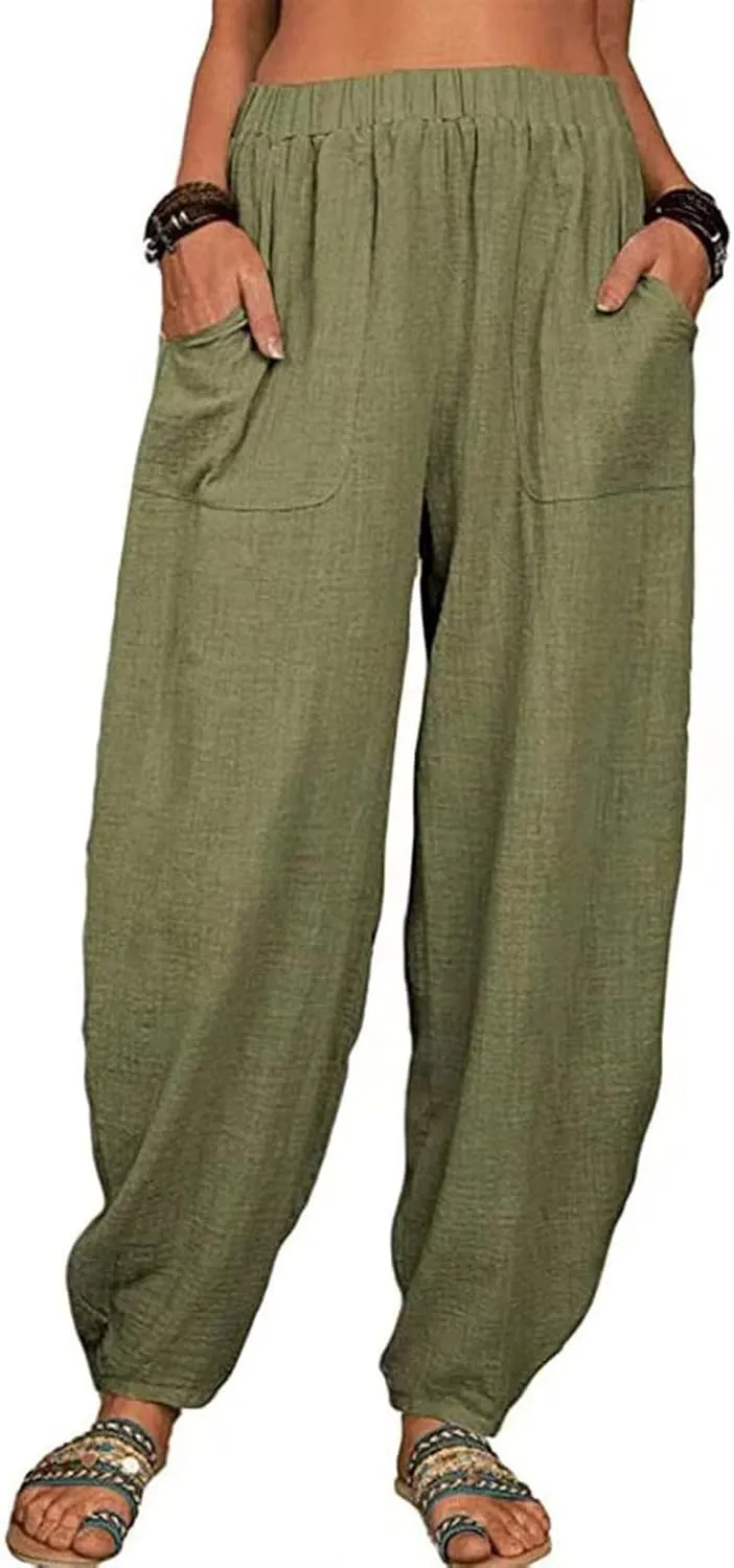 Women's Summer Casual Linen Pants Elastic High Waist Relaxed Fit Straight Leg Crop Pants Beach Trousers with Pockets