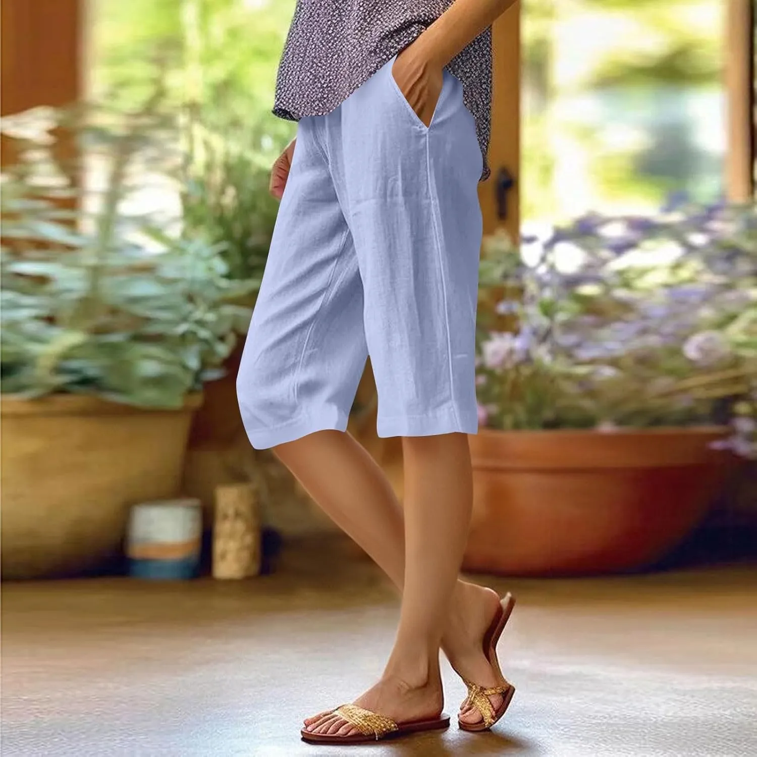 Womens Summer Cotton Linen Pants Casual Knee Length Capri Trousers Loose Beach Bermuda Shorts with Pockets