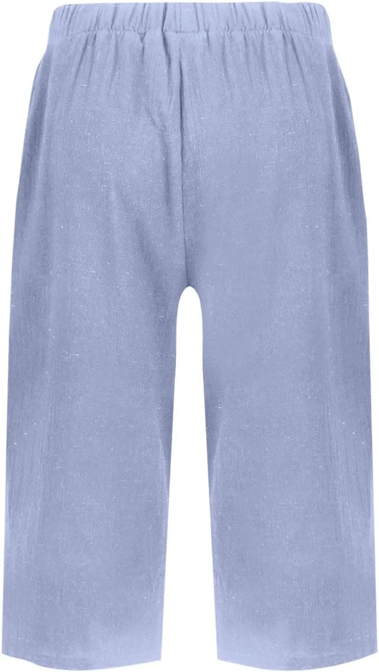 Womens Summer Cotton Linen Pants Casual Knee Length Capri Trousers Loose Beach Bermuda Shorts with Pockets
